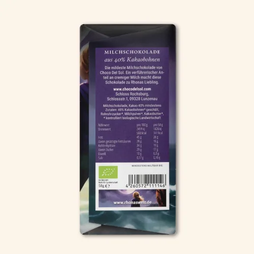 "Rhonas Welt" Uganda Milch - Bio Schokolade* von Choco Del Sol Produkt Rückseite