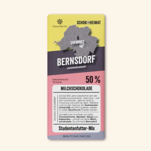 Bean-to-Bar Schokolade Bernsdorf Bio Studentenfutter Schokolade von Choco Del Sol Produkt Vorderseite