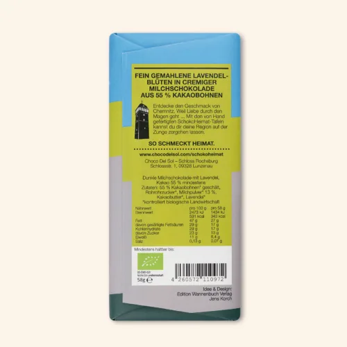 SchokoHeimat - Schloss Chemnitz* Lavendel Schokolade von Choco Del Sol Produkt Rückseite